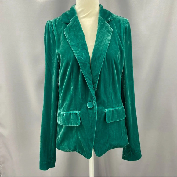 For Love & Lemons Viva Emerald Silk Blend Velvet Blazer Size Small - Picture 7 of 14